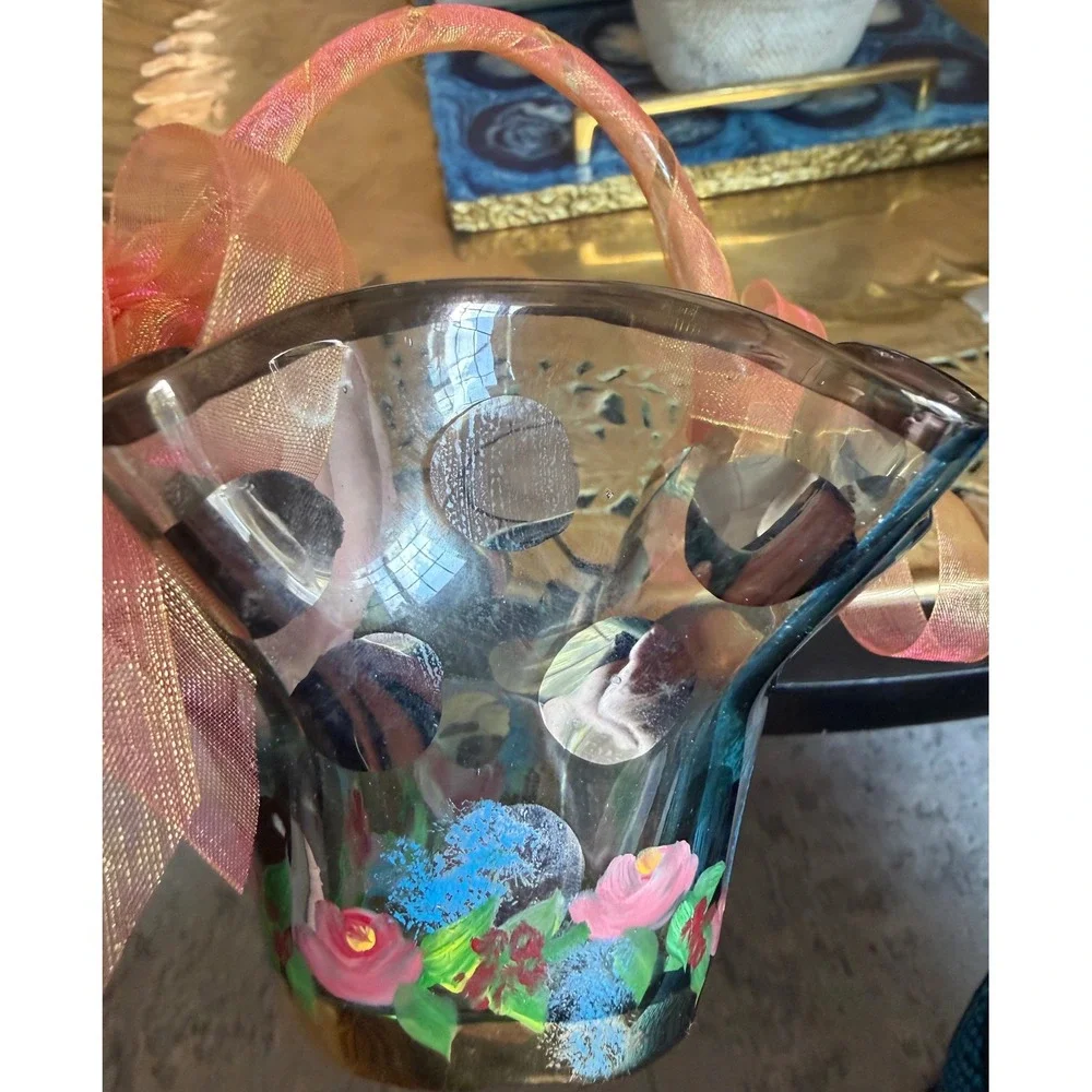 MacKenzie Childs Circus Collection Glass Basket Handpainted Ruffled Floral Bow
